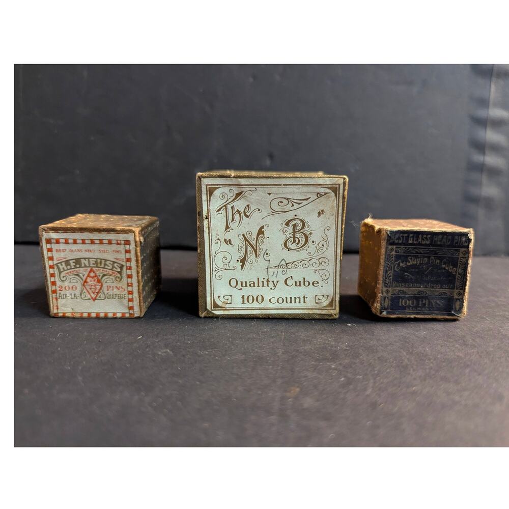 Vintage Neuss Brothers Glass Head Pins Cube Boxes Lot Antique Sewing Ephemera